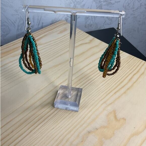 Teardrop Beaded Earrings With Turquoise & Brown Beads Boho Style Dangle Earrings - Picture 3 of 4
